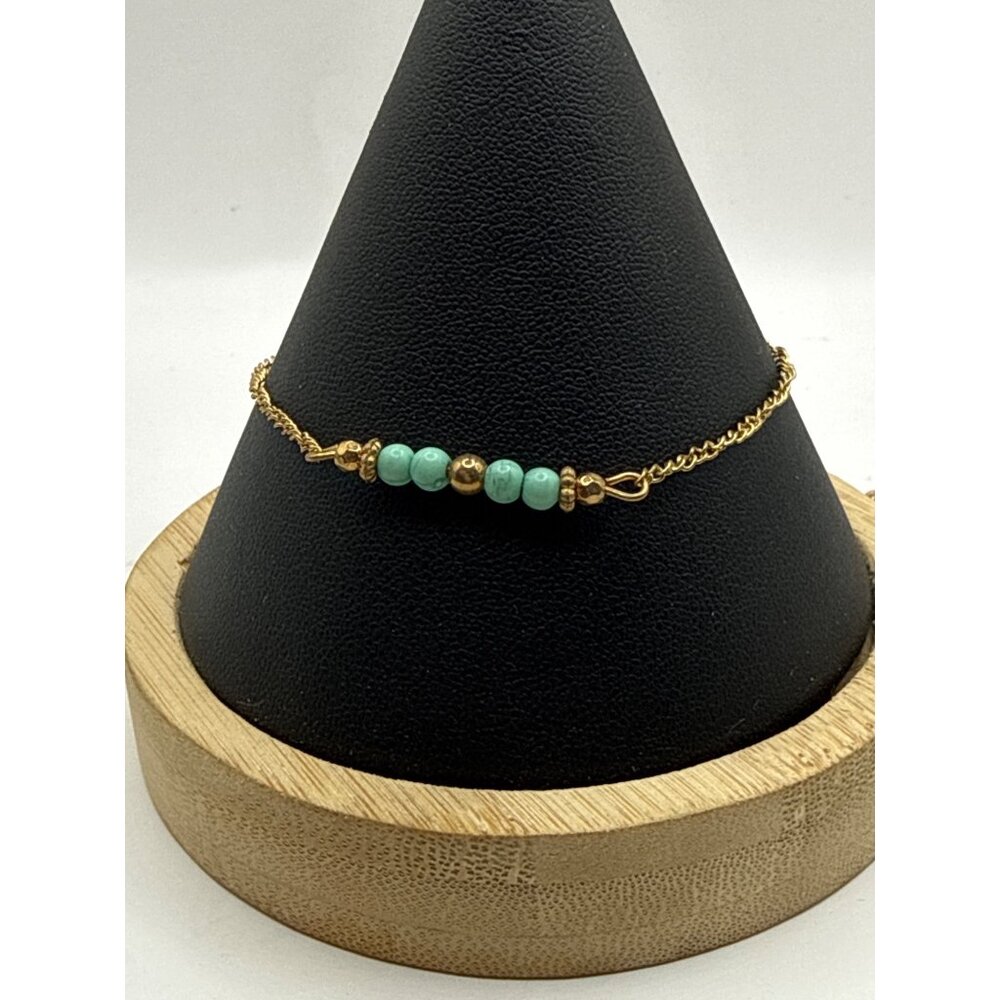 Gold Beaded Bracelet With Turquoise Accents & Adjustable Chain